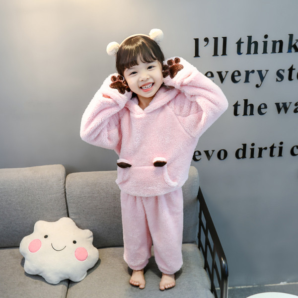 Детска пижама за момичета в два цвята с качулка и джоб 