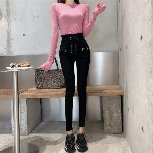 Blugi dama - model slim cu talie inalta si sireturi