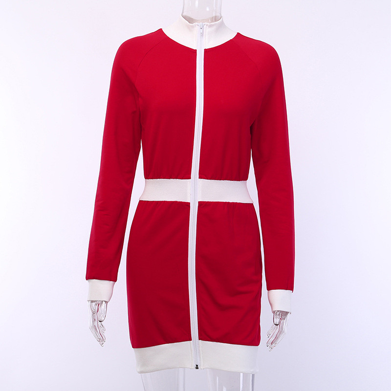 Rochie moderna de dama cu maneci lungi si fermoar in rosu