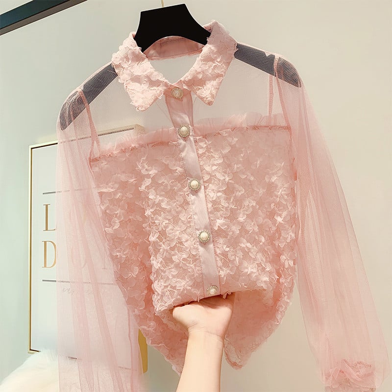 Camasa de dama eleganta cu dantela si perle in mai multe culori