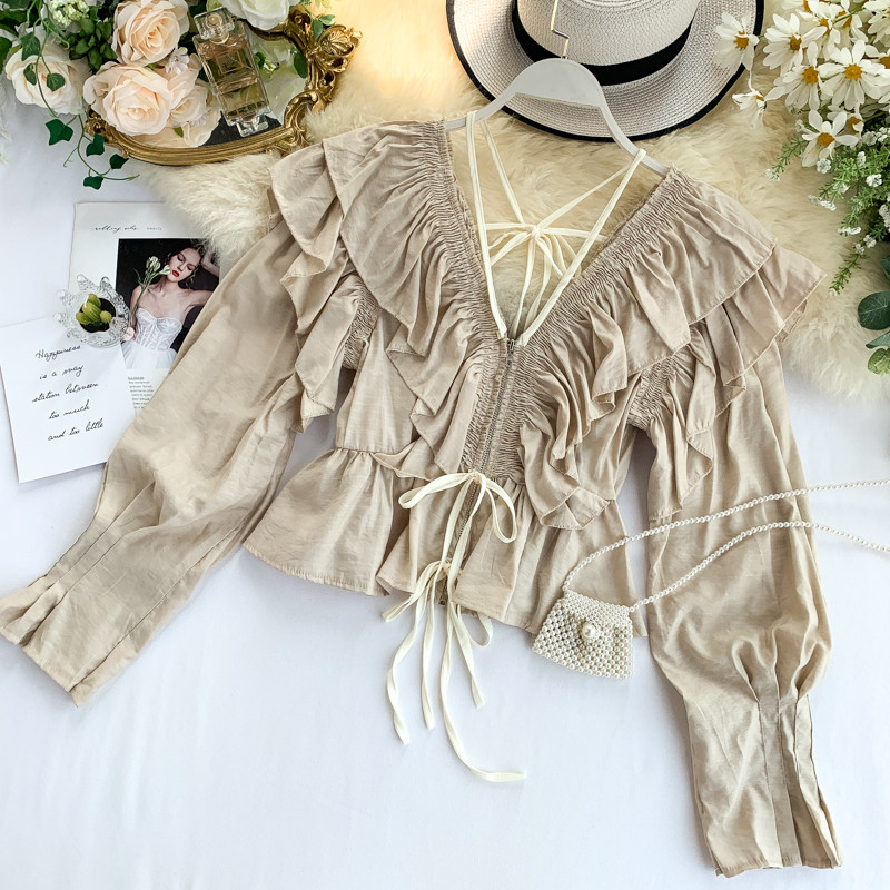 Casual γυναικείο πουκάμισο με κορδόνια και βαθύ λαιμόκοψη σε τρία χρώματα