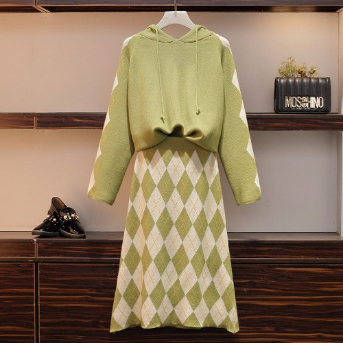 Set de pulover de damă casual, cu glugă și fustă verde