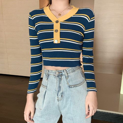 Γυναικεία casual ριγέ μπλούζα με κουμπιά