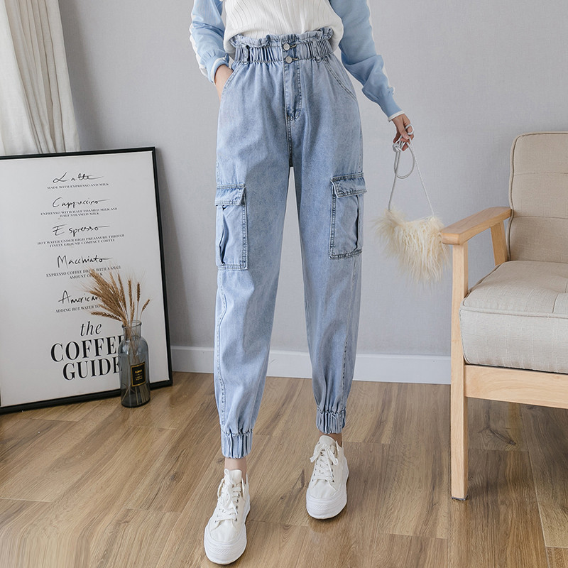 Blugi casual de dama de culoare albastru deschis cu talie elastica