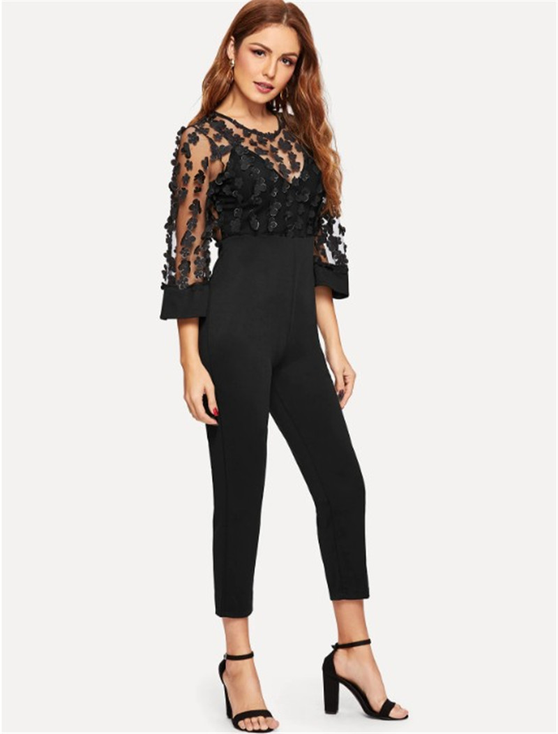 Salopetă elegantă pentru femei, cu spatele gol și mâneci 3/4 în negru