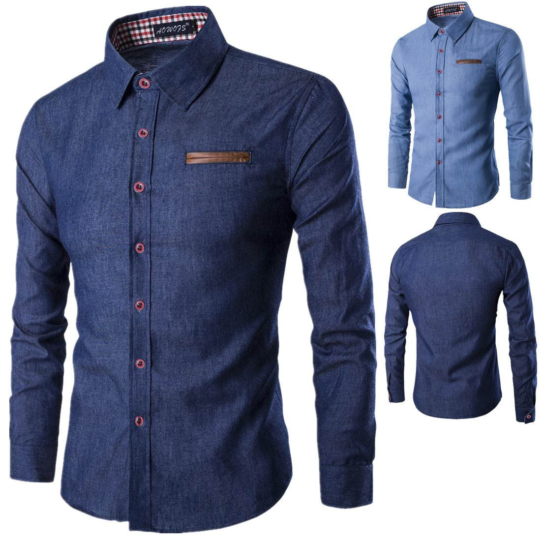 Нов модел дънкова мъжка риза с класическа яка в син цвят