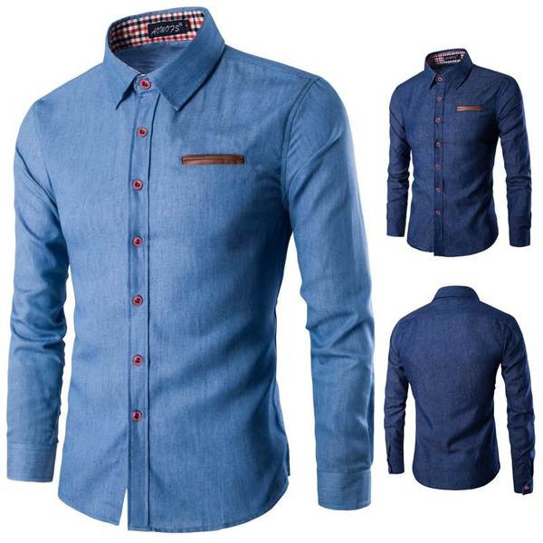Νέο μοντέκο ανδρικό τζιν πουκάμισο με κλασικό γιακά σε μπλε χρώμα