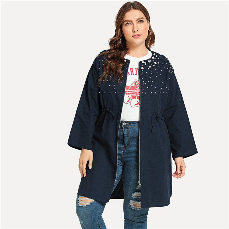 Geaca de toamna moderna de dama cu fermoar si perle in albastru
