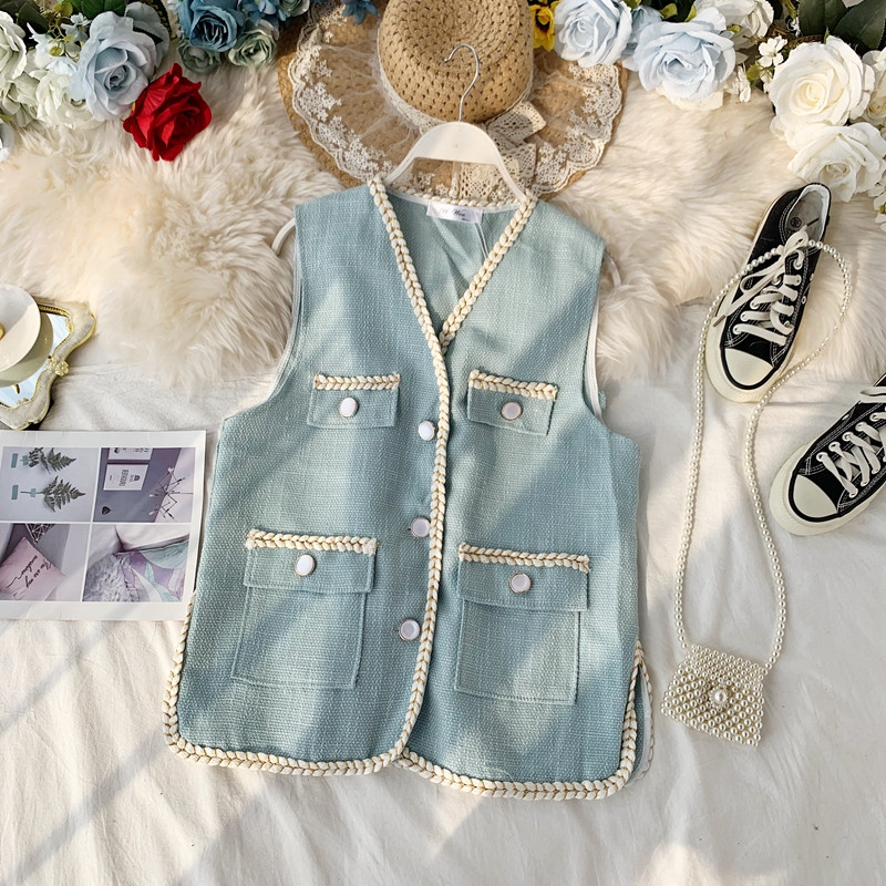 Vesta de dama cu decolteu in V si buzunare in albastru si bej