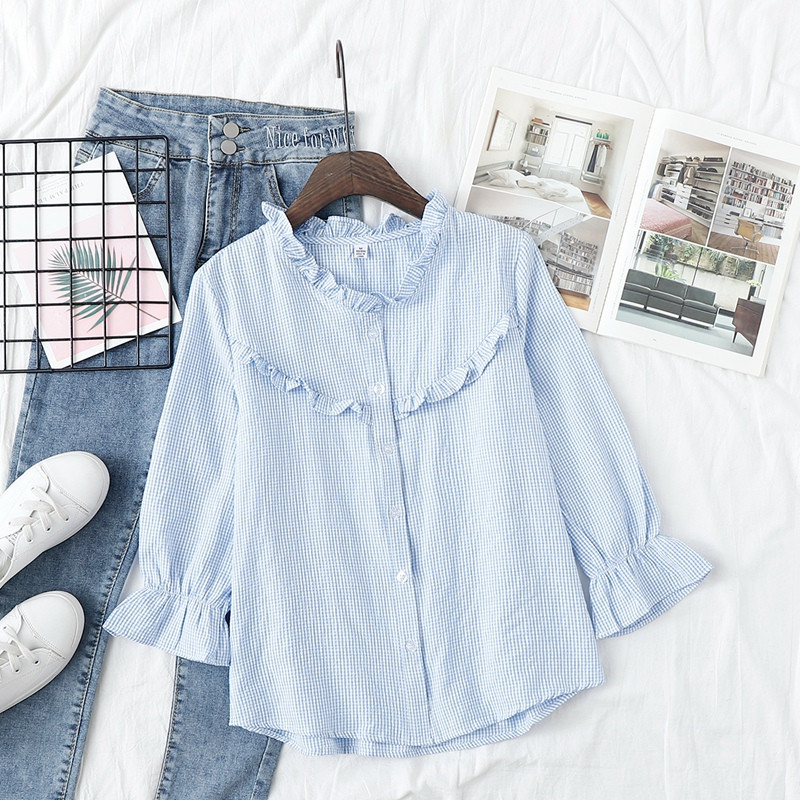 Kockás női blúz lótusz ujjú kék színben