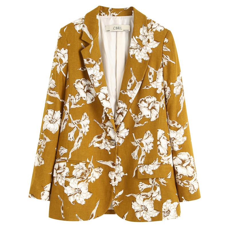 Дамско стилно сако с шпиц деколте и флорален десен 