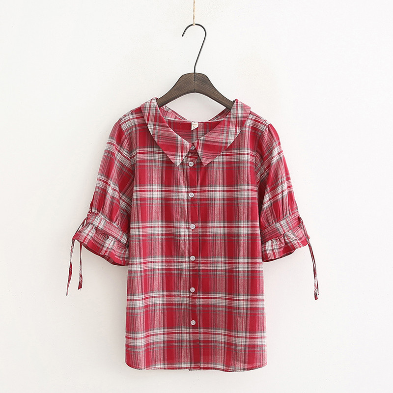 Cămașă în carouri de damă modernă cu mâneci 3/4 în galben și roșu