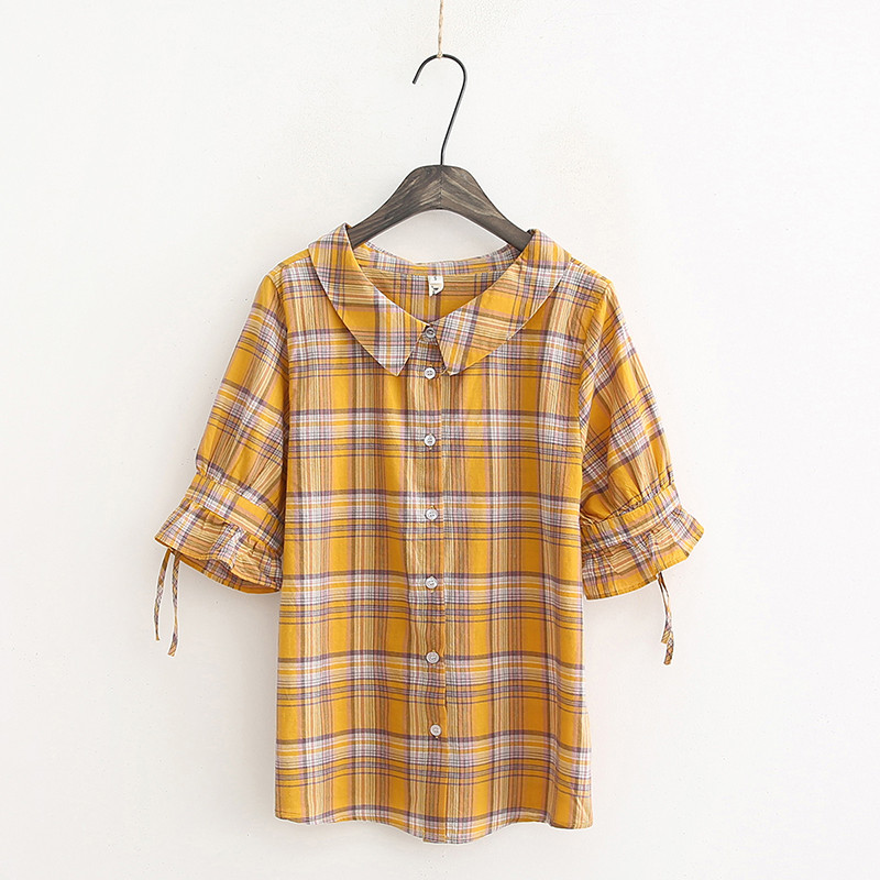 Cămașă în carouri de damă modernă cu mâneci 3/4 în galben și roșu