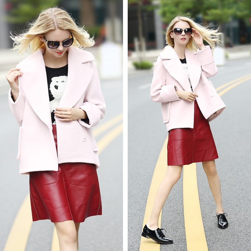 Модерно дамско палто с джоб в розов цвят 