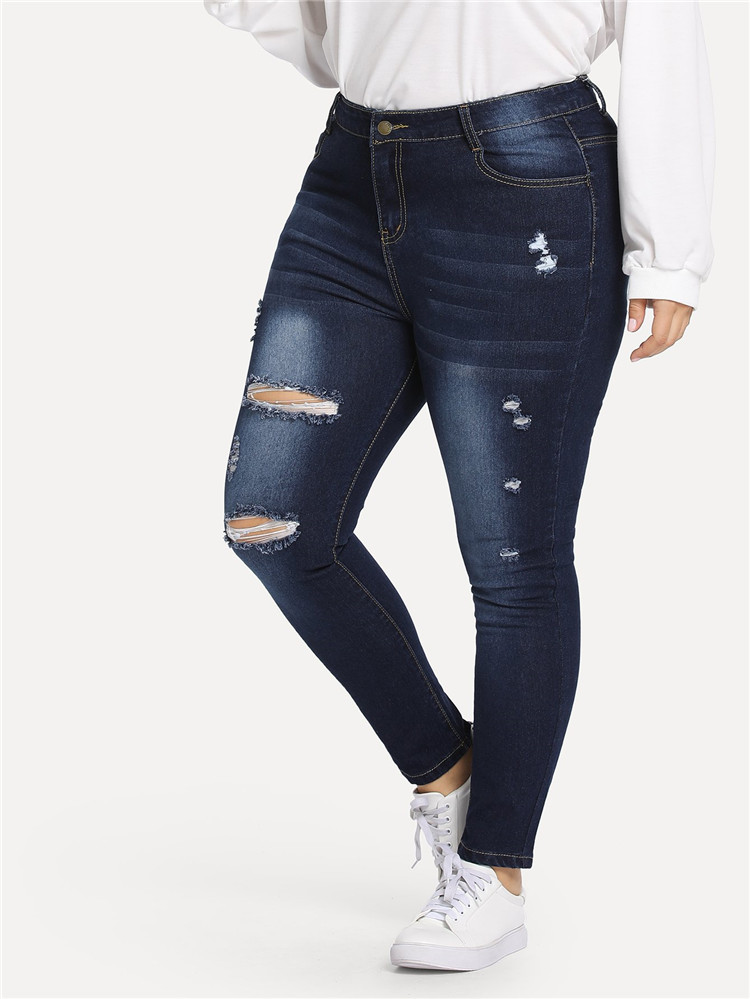 Blugi de dama moderni cu talie inalta si motive rupte in albastru