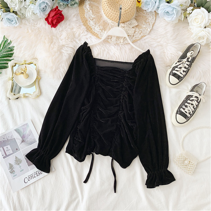 Κομψή γυναικεία μπλούζα με κορδόνι και τετράγωνο ντεκολτέ