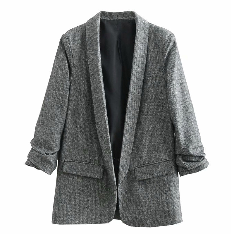 Дамско модерно сако с шпиц деколте в сив цвят 