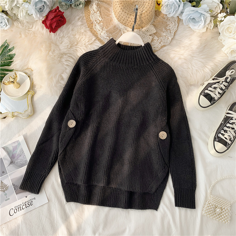 Casual γυναικέιο πουλόβερ με κουμπιά και ψηλό κολάρο ασύμμετρο μοτίβο