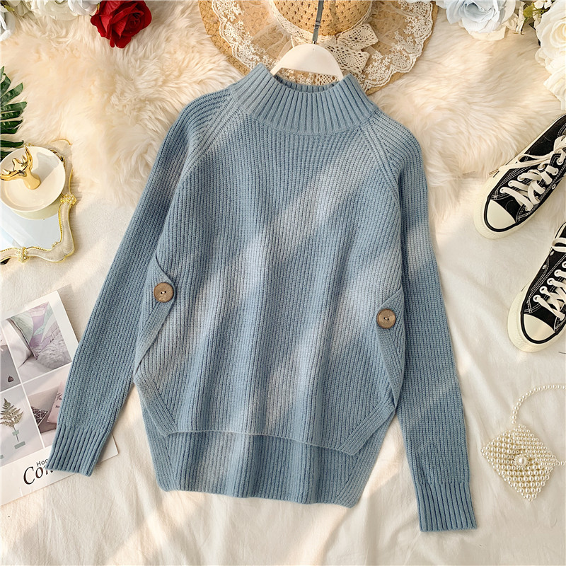 Casual γυναικέιο πουλόβερ με κουμπιά και ψηλό κολάρο ασύμμετρο μοτίβο