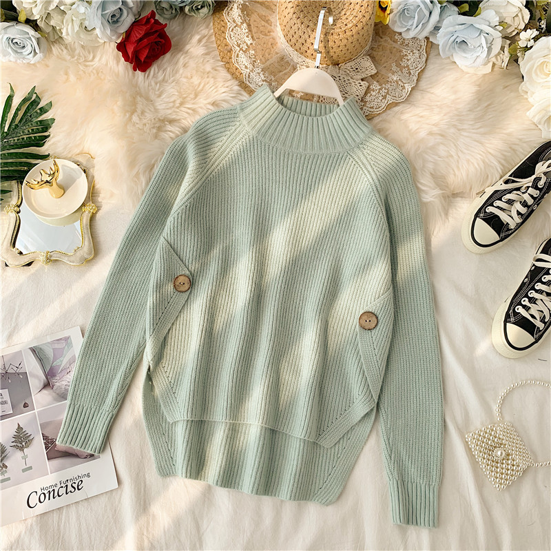 Casual γυναικέιο πουλόβερ με κουμπιά και ψηλό κολάρο ασύμμετρο μοτίβο