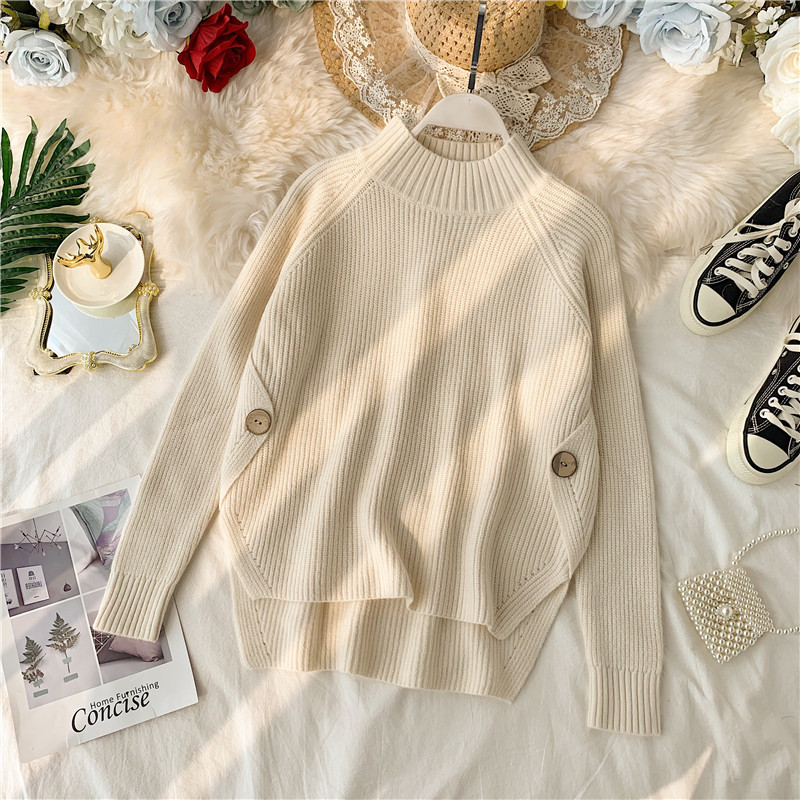 Casual γυναικέιο πουλόβερ με κουμπιά και ψηλό κολάρο ασύμμετρο μοτίβο