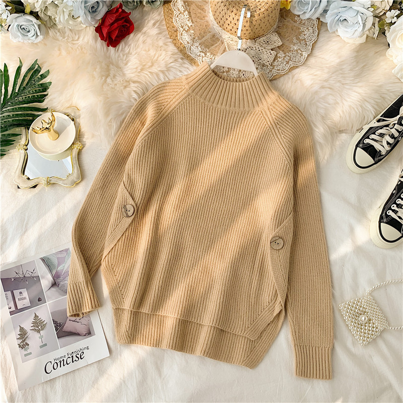 Casual γυναικέιο πουλόβερ με κουμπιά και ψηλό κολάρο ασύμμετρο μοτίβο