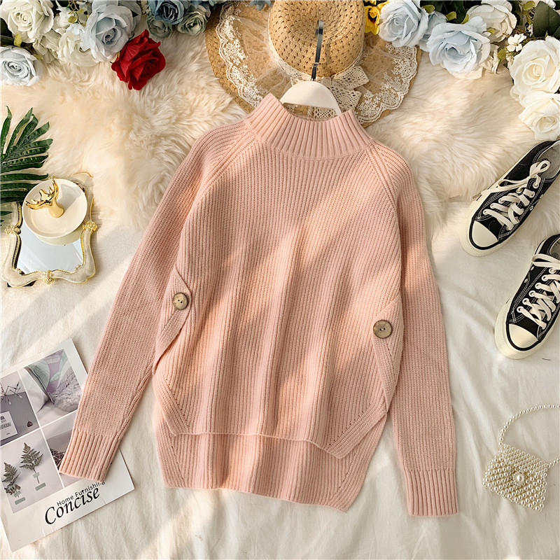 Casual γυναικέιο πουλόβερ με κουμπιά και ψηλό κολάρο ασύμμετρο μοτίβο