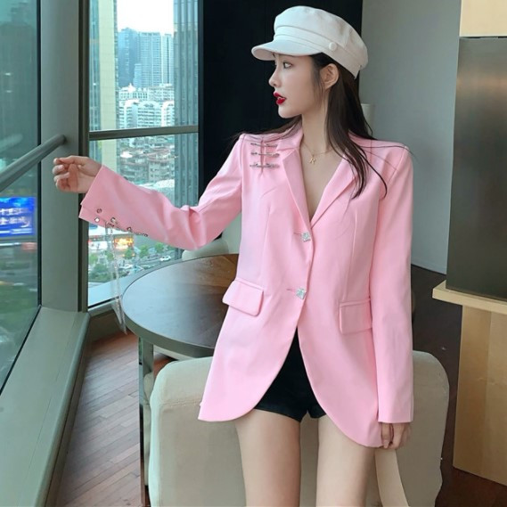 Модерно дамско сако в розов цвят - широк модел