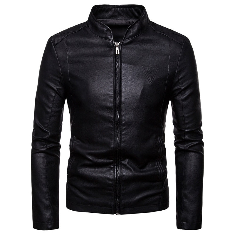 Modern men`s leather jacket with zipper and high collar in several colors