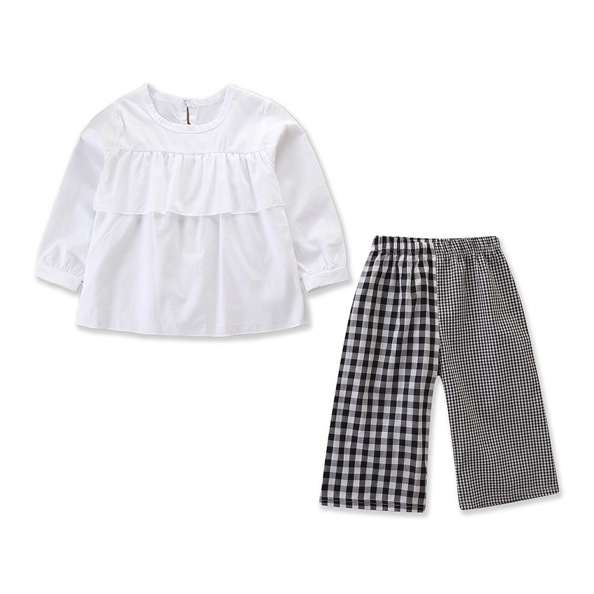 Set copii modern pentru fete bluza alb + pantaloni carouri