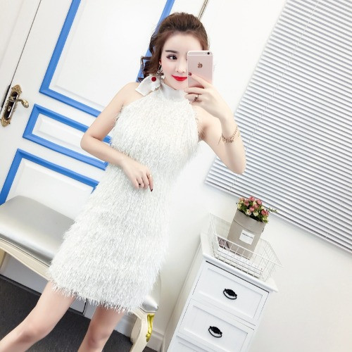 Rochie eleganta scurta cu franjuri in alb si roz