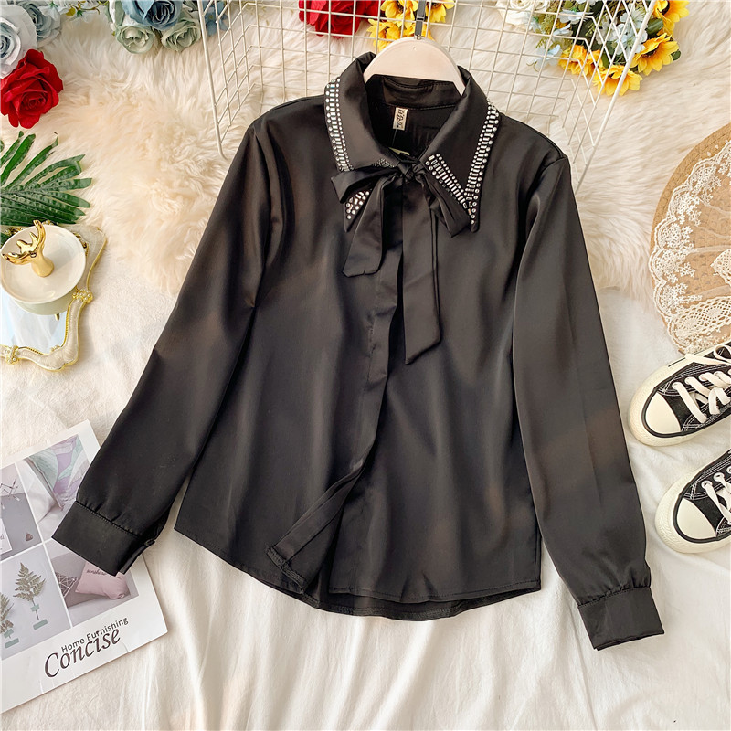 Cămașă elegantă de damă cu panglică și pietre în patru culori