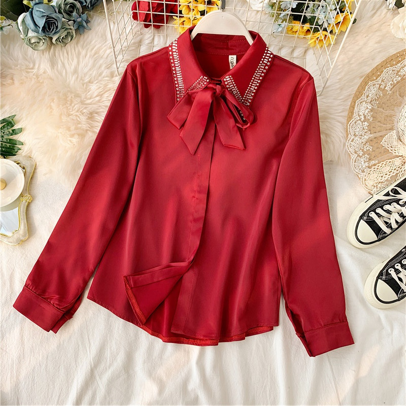 Cămașă elegantă de damă cu panglică și pietre în patru culori