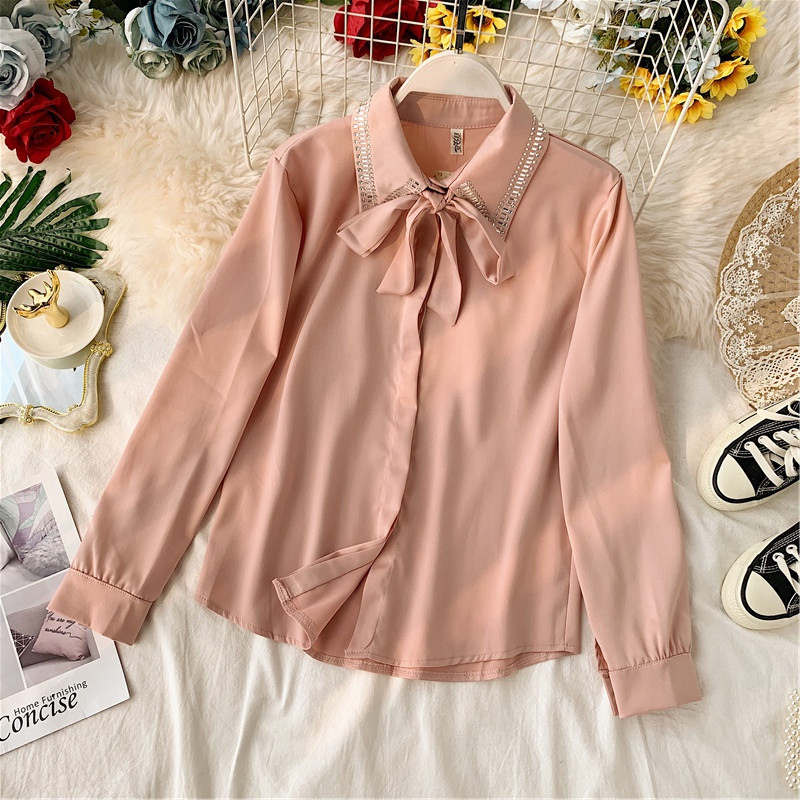 Cămașă elegantă de damă cu panglică și pietre în patru culori