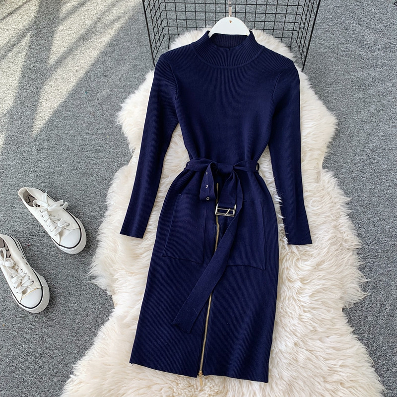 Rochie casual de dama cu fermoar si curea cu guler inalt in mai multe culori