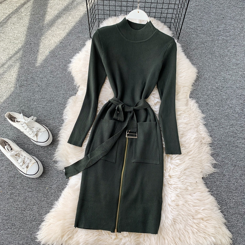 Rochie casual de dama cu fermoar si curea cu guler inalt in mai multe culori