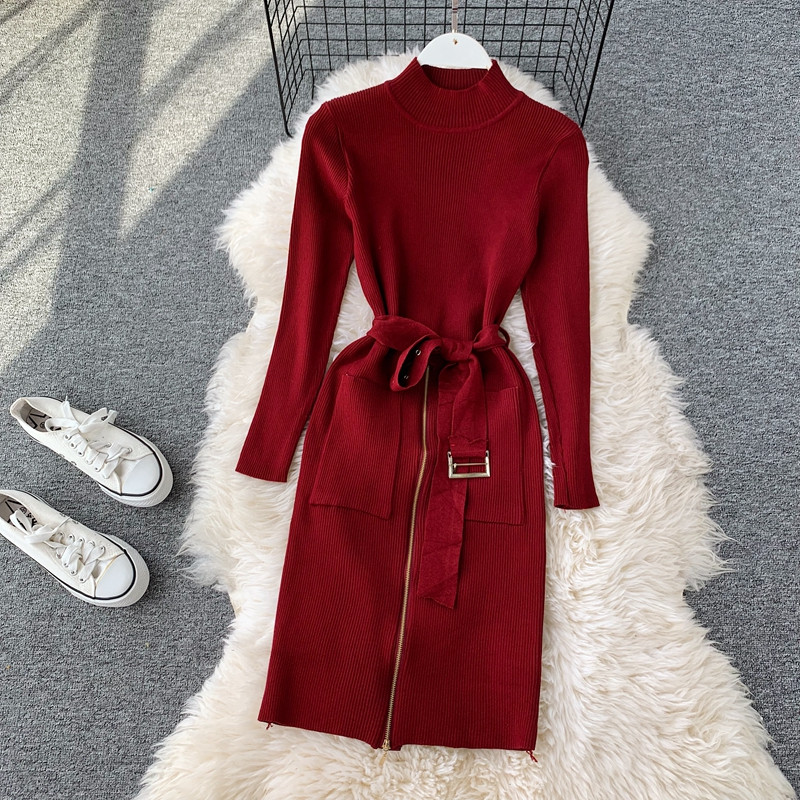 Rochie casual de dama cu fermoar si curea cu guler inalt in mai multe culori