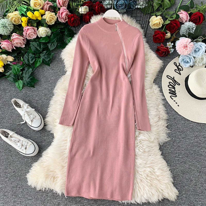 Rochie casual dama cu fermoar si maneci lungi in mai multe culori