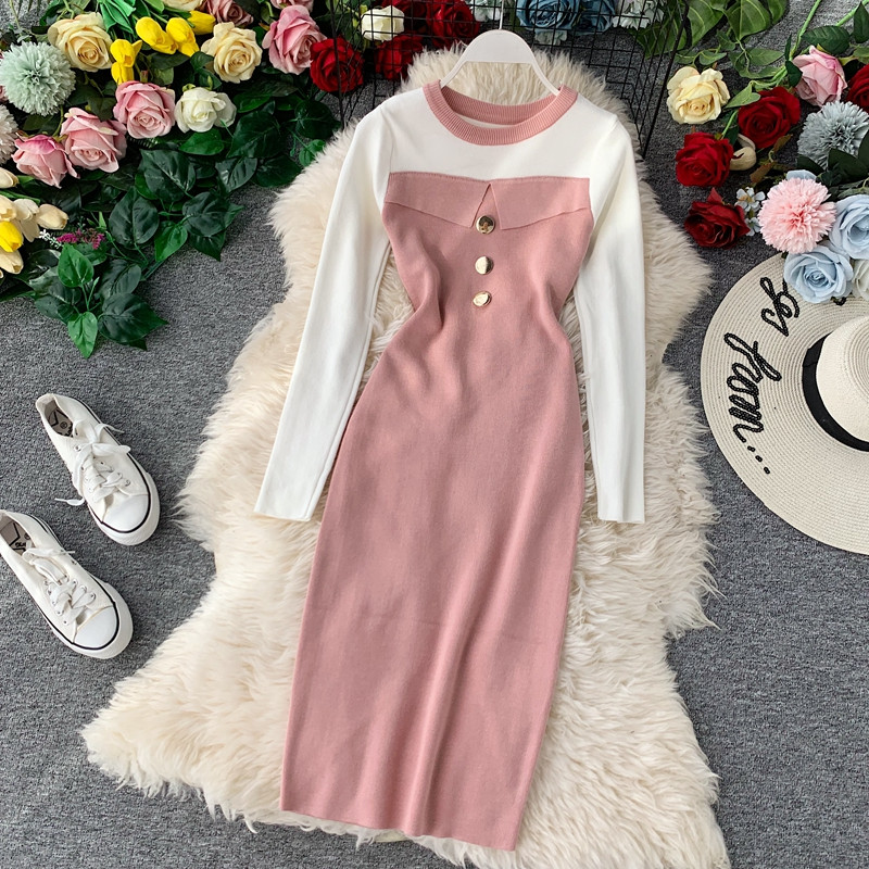 Rochie moderna de dama cu decolteu O si maneci lungi in diferite culori