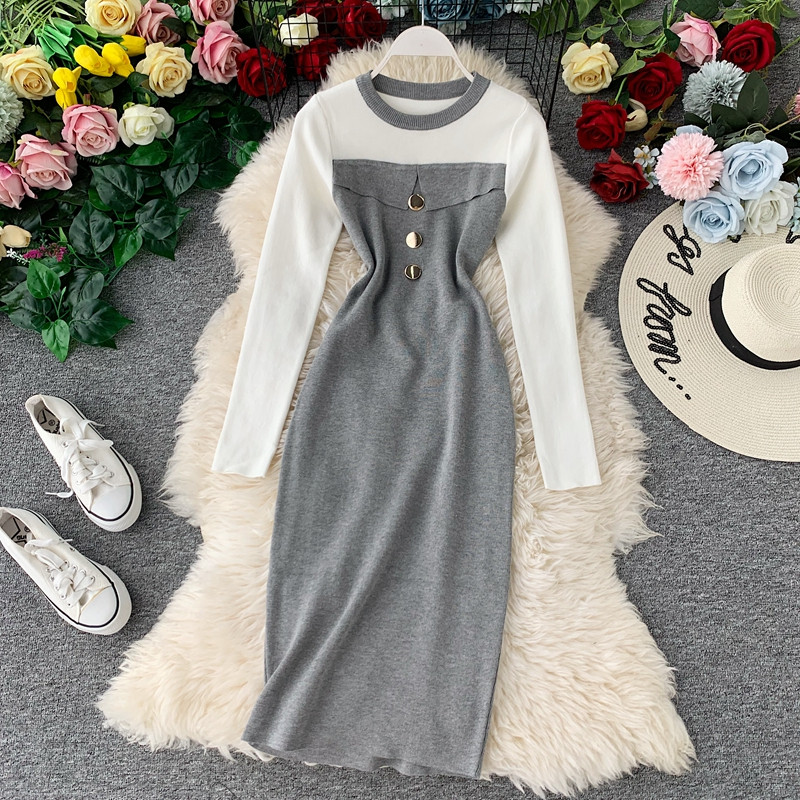 Rochie moderna de dama cu decolteu O si maneci lungi in diferite culori