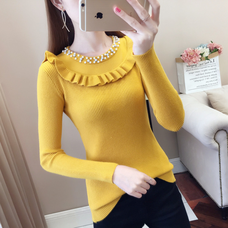 Pulover de dama casual cu perle pe decolteu in diferite culori