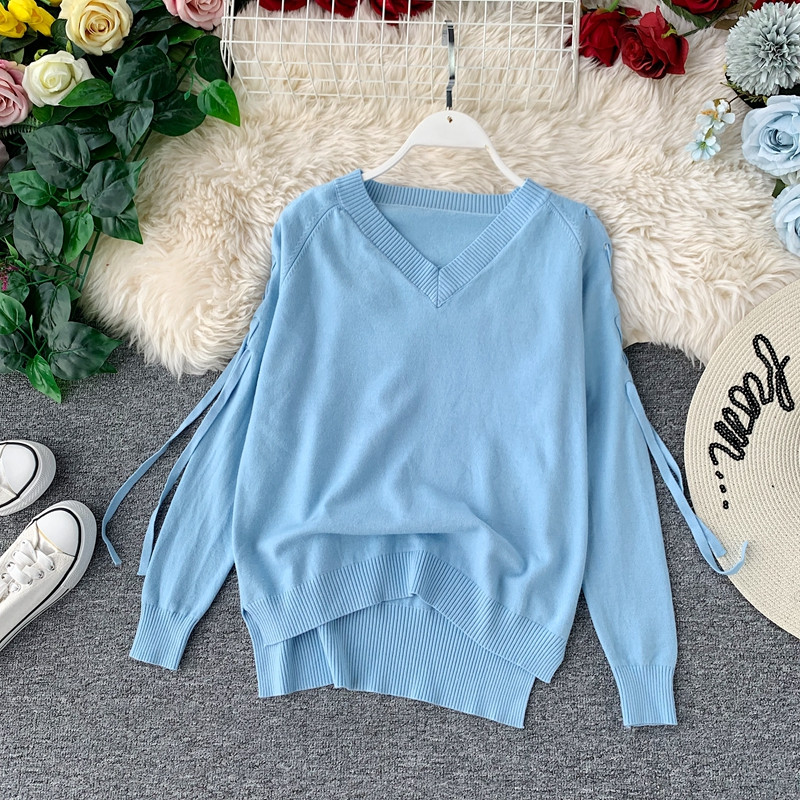 Καθημερινό γυναικείο πουλόβερ με κορδόνι και λαιμόκοψη