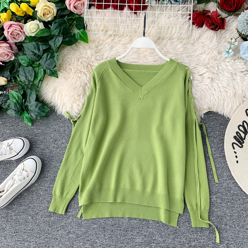 Καθημερινό γυναικείο πουλόβερ με κορδόνι και λαιμόκοψη