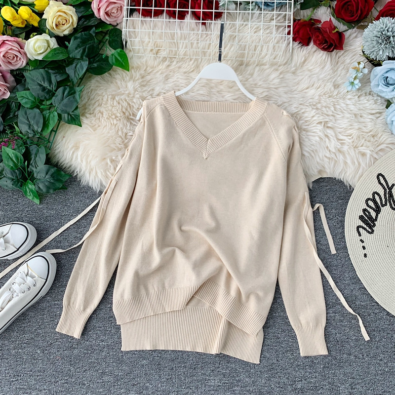 Καθημερινό γυναικείο πουλόβερ με κορδόνι και λαιμόκοψη