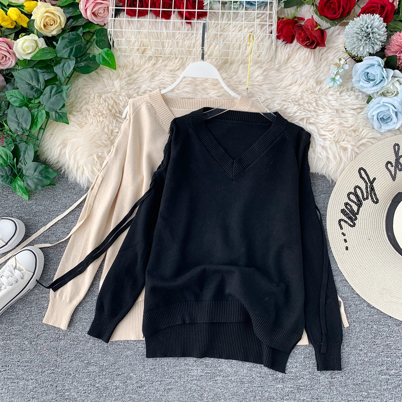 Καθημερινό γυναικείο πουλόβερ με κορδόνι και λαιμόκοψη