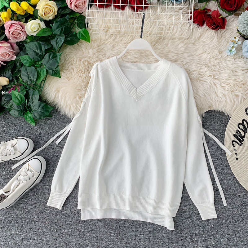 Καθημερινό γυναικείο πουλόβερ με κορδόνι και λαιμόκοψη