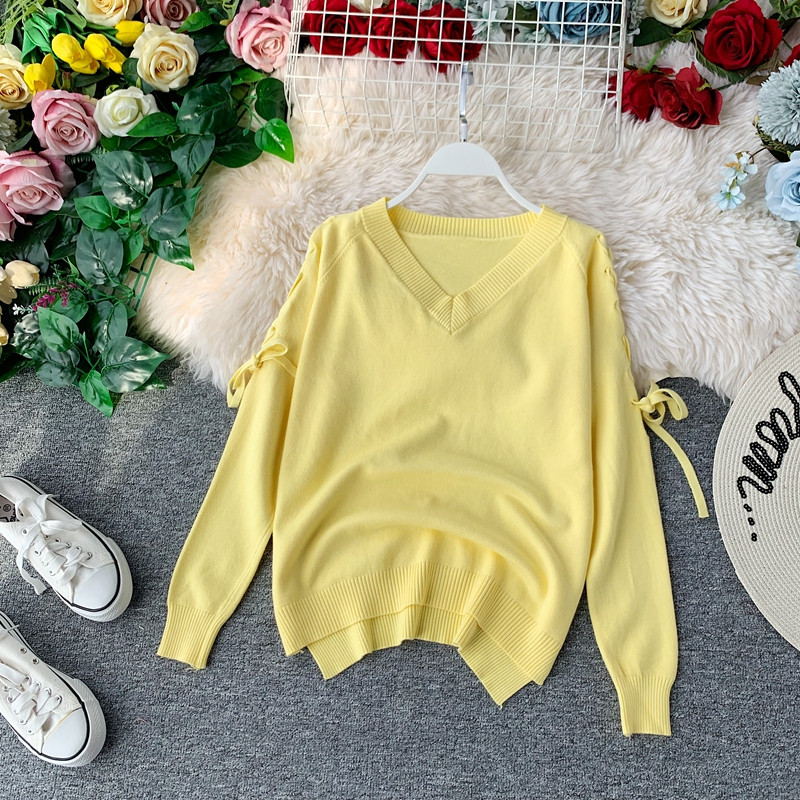 Καθημερινό γυναικείο πουλόβερ με κορδόνι και λαιμόκοψη