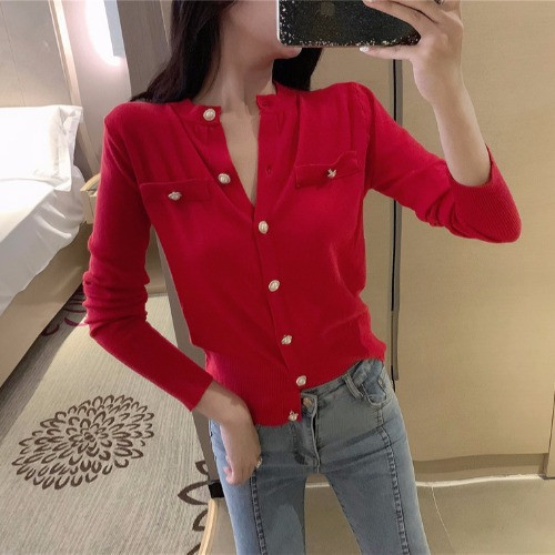 Cardigan subțire cu buzunare și nasturi cu perle