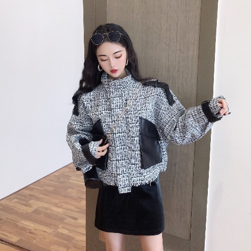 Geaca dama scurta in carouri cu elemente din piele ecologica