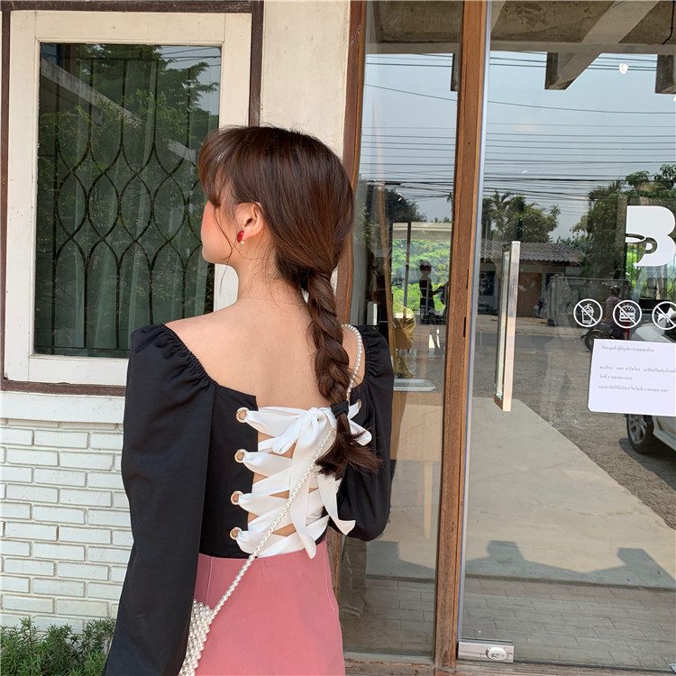 Bluza scurta moderna de dama in doua culori cu cravate la spate